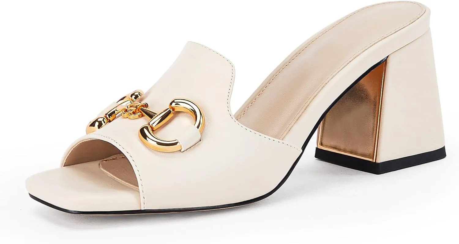 gihubafuil Women's Sandals Peep Toe Slides Chunky Heel Mules Single Band Comfort Slip-on Shoes with Metal Chain for Spring Summer