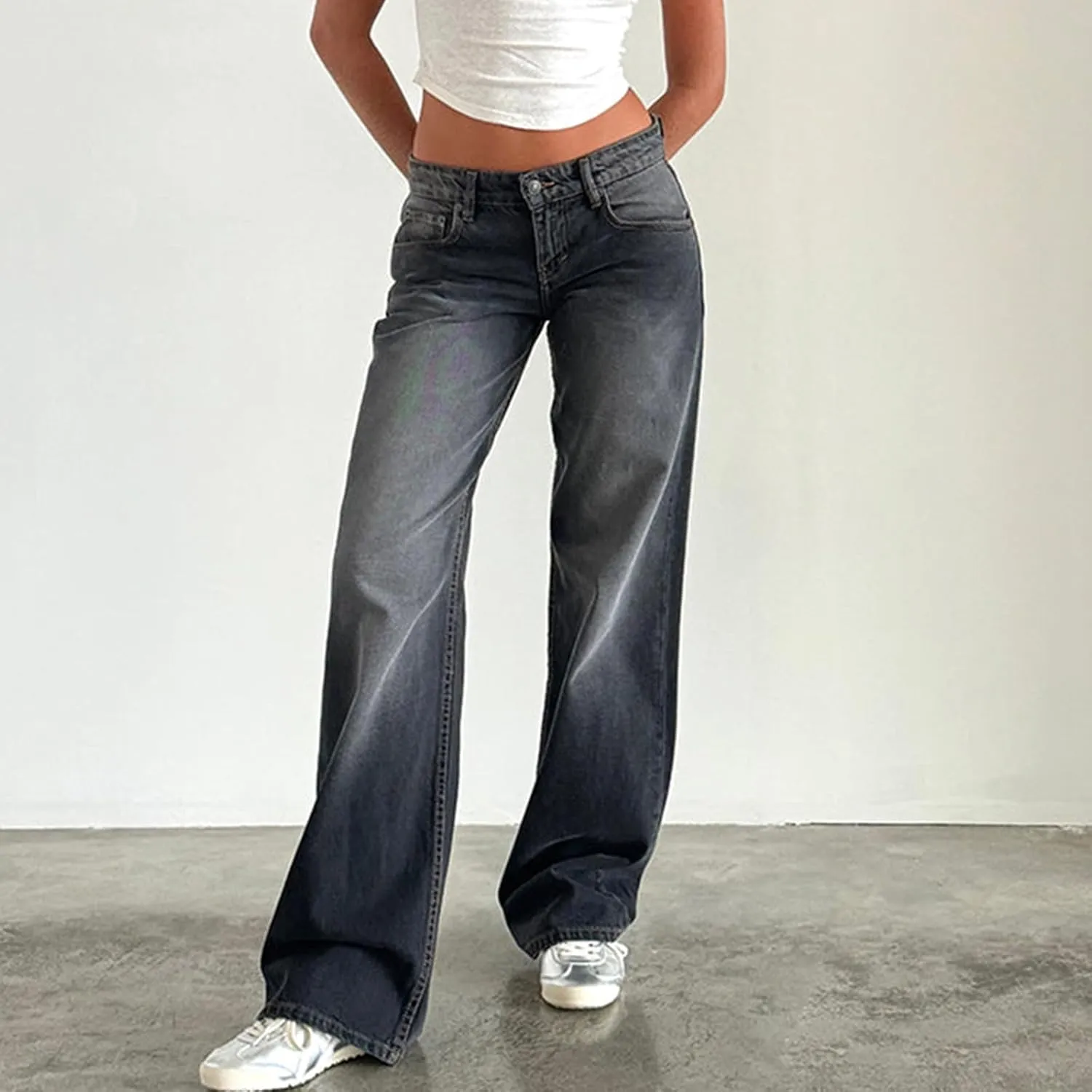 Giraropa Low Rise Baggy Jeans for Women Trendy Straight Wide Leg Y2K Boyfriend Jeans Denim Pants with Pocket Streetwear