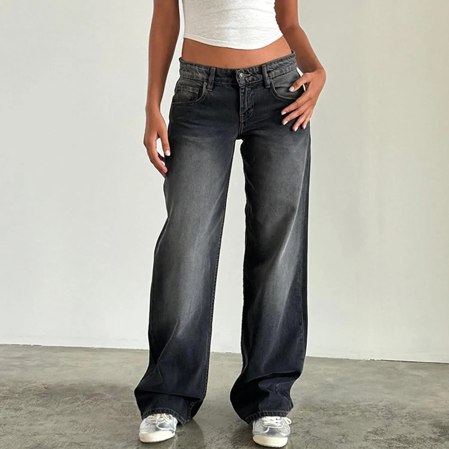 Giraropa Low Rise Baggy Jeans for Women Trendy Straight Wide Leg Y2K Boyfriend Jeans Denim Pants with Pocket Streetwear