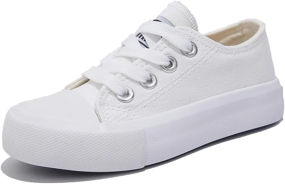 Girls and Boys Low Top Comfortable Canvas Kids Lace up Sneakers White