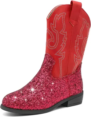 Girls Cowboy Boots Kids Embroidered Square Toe Mid Calf Glitter Western Cowgirl Boot Side Zipper Shoes