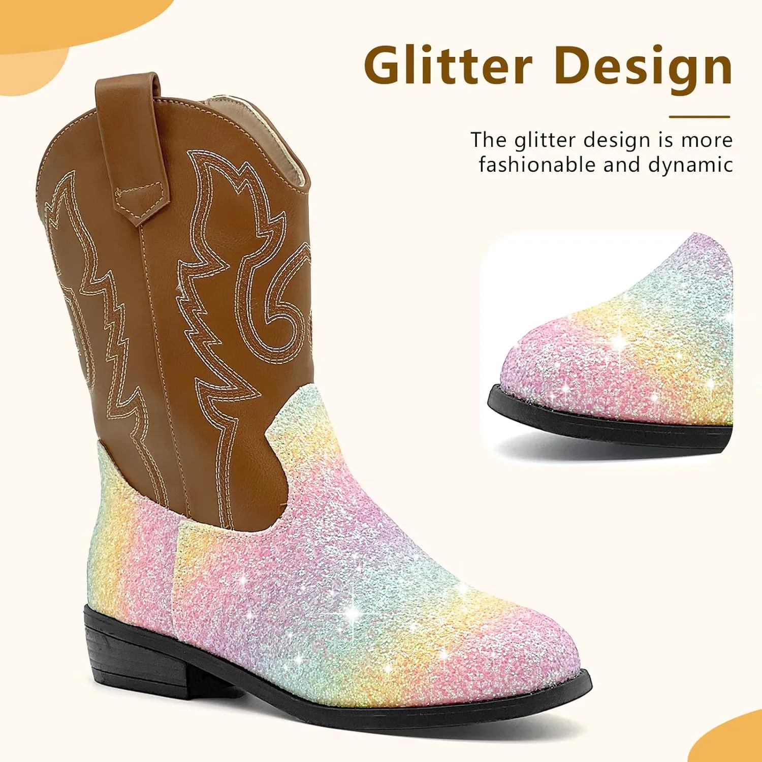 Girls Cowboy Boots Kids Embroidered Square Toe Mid Calf Glitter Western Cowgirl Boot Side Zipper Shoes