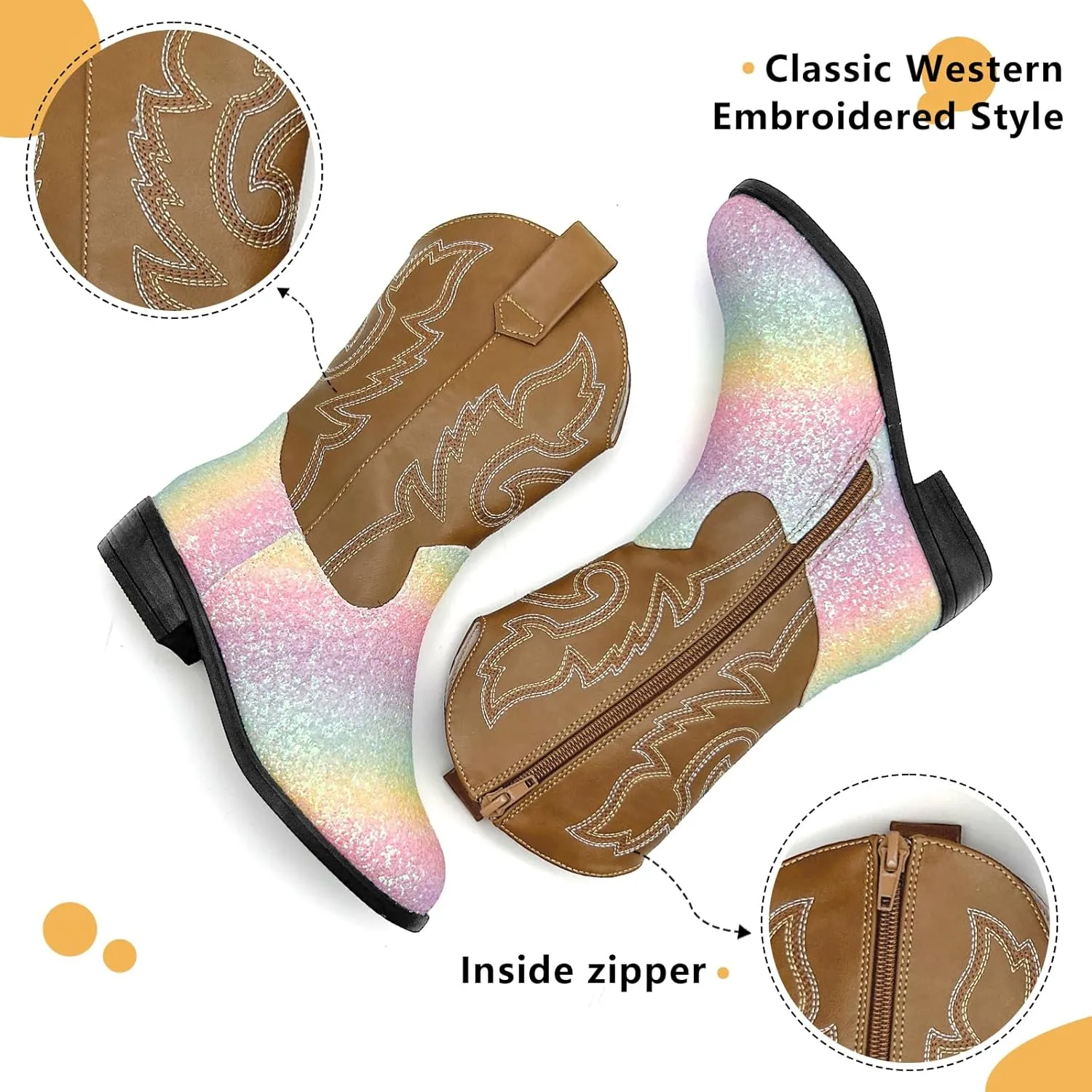 Girls Cowboy Boots Kids Embroidered Square Toe Mid Calf Glitter Western Cowgirl Boot Side Zipper Shoes