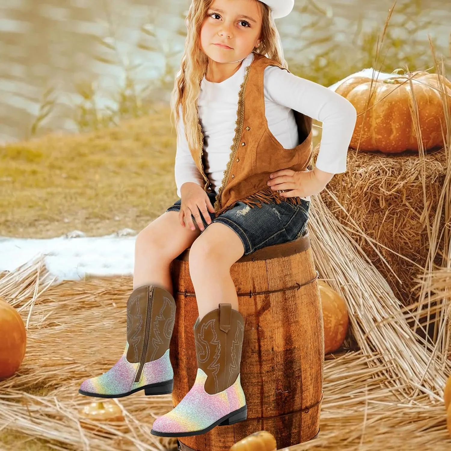 Girls Cowboy Boots Kids Embroidered Square Toe Mid Calf Glitter Western Cowgirl Boot Side Zipper Shoes
