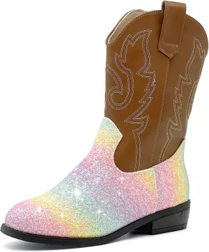 Girls Cowboy Boots Kids Embroidered Square Toe Mid Calf Glitter Western Cowgirl Boot Side Zipper Shoes