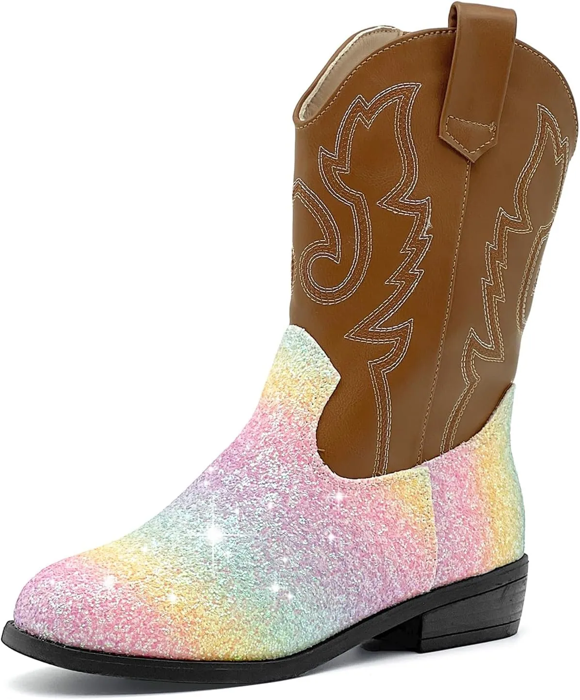 Girls Cowboy Boots Kids Embroidered Square Toe Mid Calf Glitter Western Cowgirl Boot Side Zipper Shoes