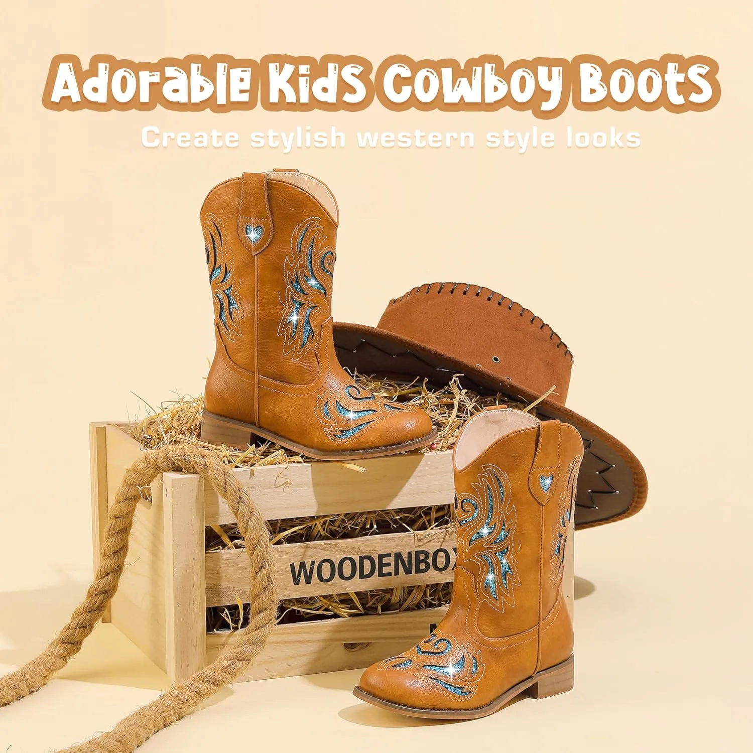 Girls Cowgirl Boot Glitter Kids Cowboy Boots Western BoysCowboy Mid Calf Square Toe Toddler Little Kid/Big Kid Party Birthday Riding Shoes