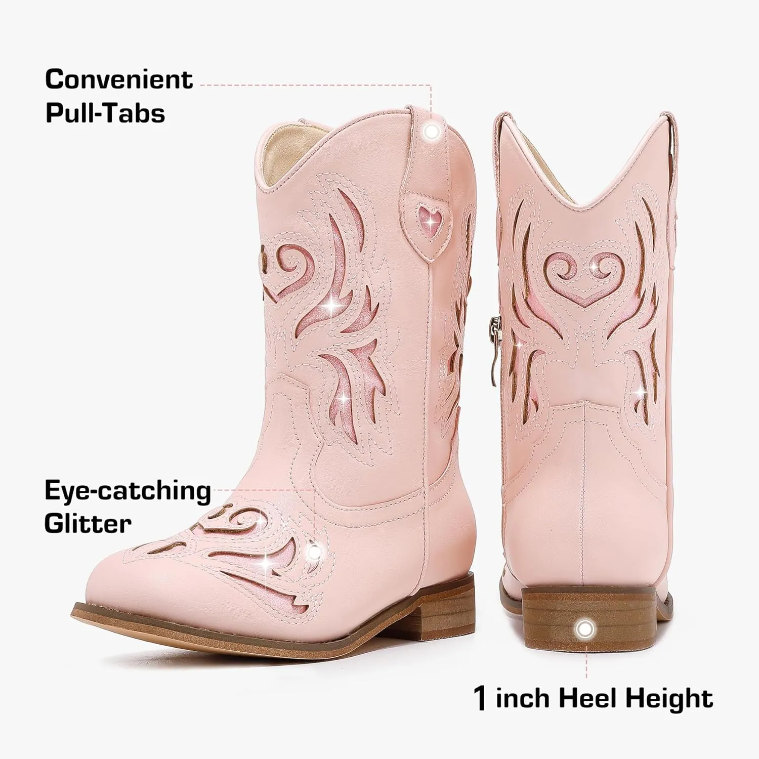 Girls Cowgirl Boot Glitter Kids Cowboy Boots Western BoysCowboy Mid Calf Square Toe Toddler Little Kid/Big Kid Party Birthday Riding Shoes
