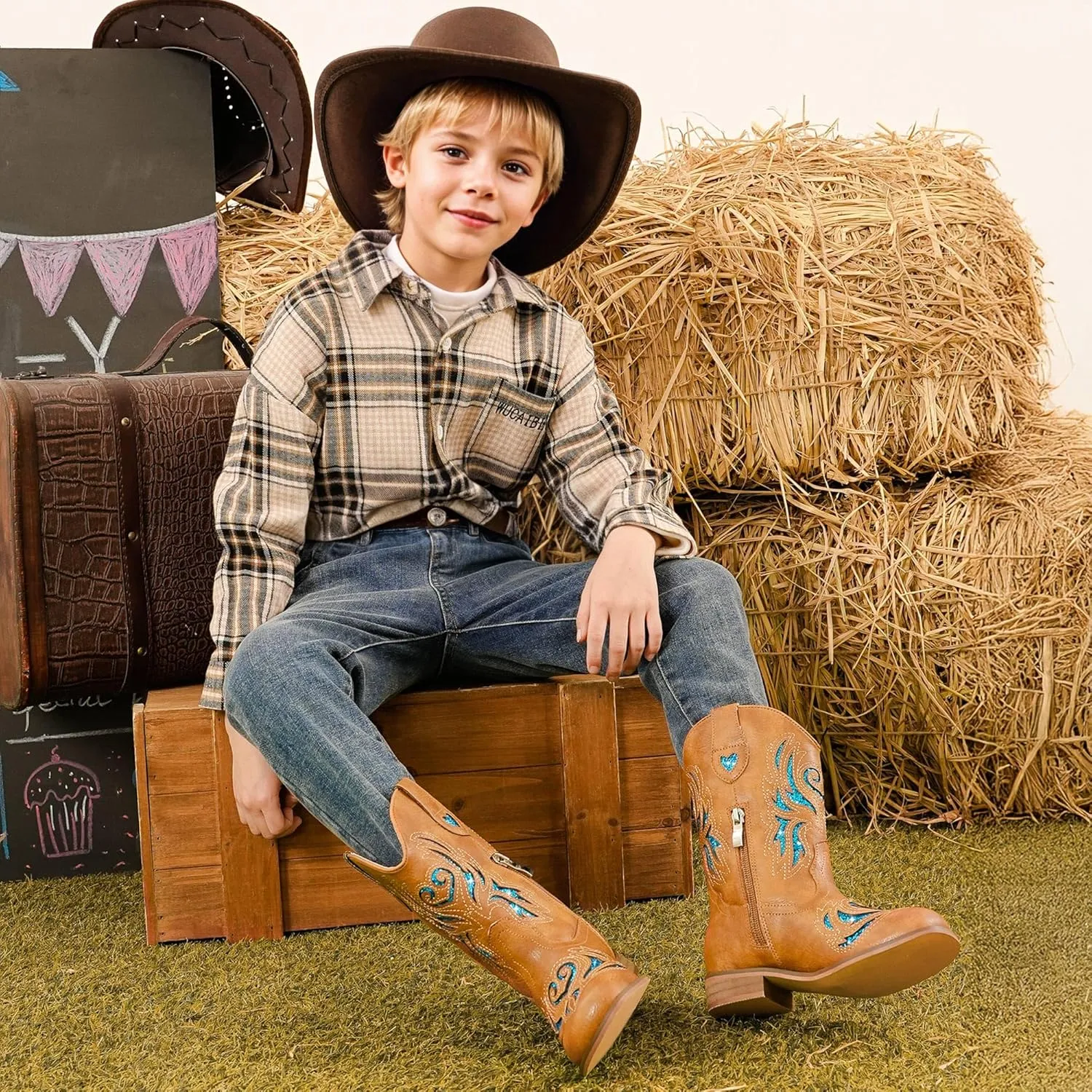 Girls Cowgirl Boot Glitter Kids Cowboy Boots Western BoysCowboy Mid Calf Square Toe Toddler Little Kid/Big Kid Party Birthday Riding Shoes