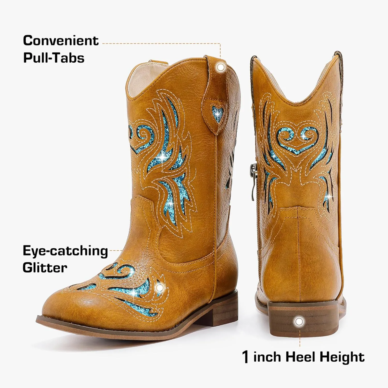 Girls Cowgirl Boot Glitter Kids Cowboy Boots Western BoysCowboy Mid Calf Square Toe Toddler Little Kid/Big Kid Party Birthday Riding Shoes