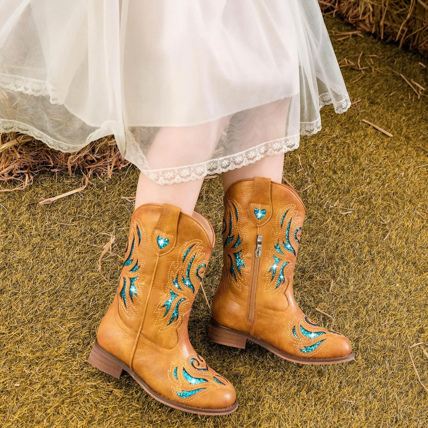 Girls Cowgirl Boot Glitter Kids Cowboy Boots Western BoysCowboy Mid Calf Square Toe Toddler Little Kid/Big Kid Party Birthday Riding Shoes