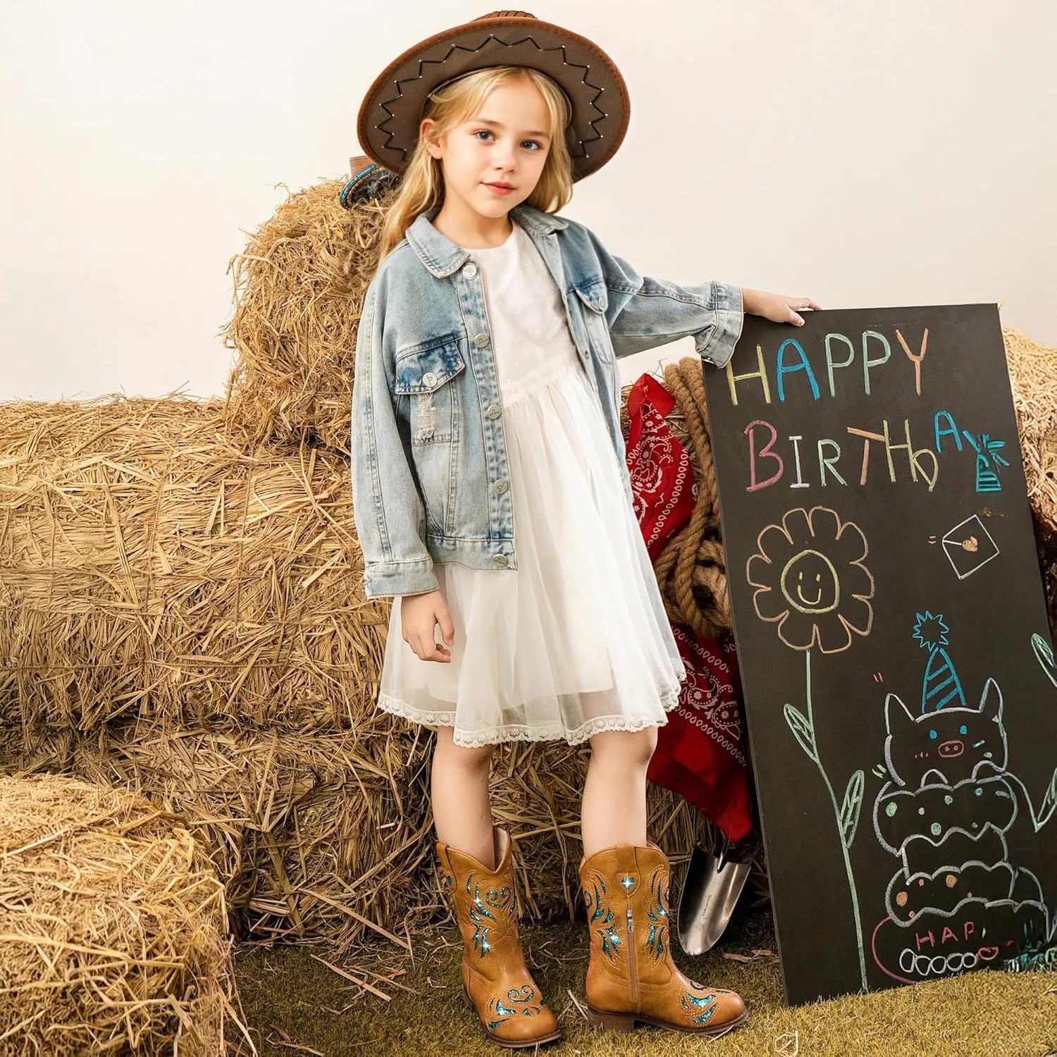 Girls Cowgirl Boot Glitter Kids Cowboy Boots Western BoysCowboy Mid Calf Square Toe Toddler Little Kid/Big Kid Party Birthday Riding Shoes