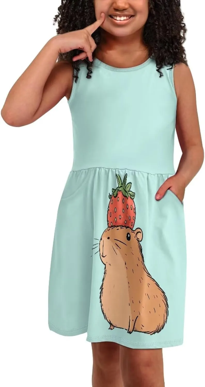 Girls Cute Summer Dresses 2-14Y Kids Mini Party Sun Dress Twirly Skater Dress Sleeveless Dress with Pockets