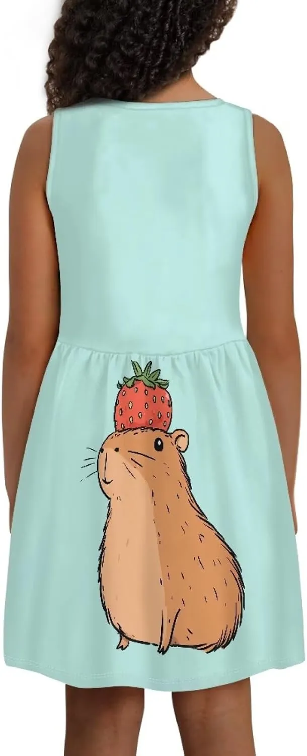 Girls Cute Summer Dresses 2-14Y Kids Mini Party Sun Dress Twirly Skater Dress Sleeveless Dress with Pockets