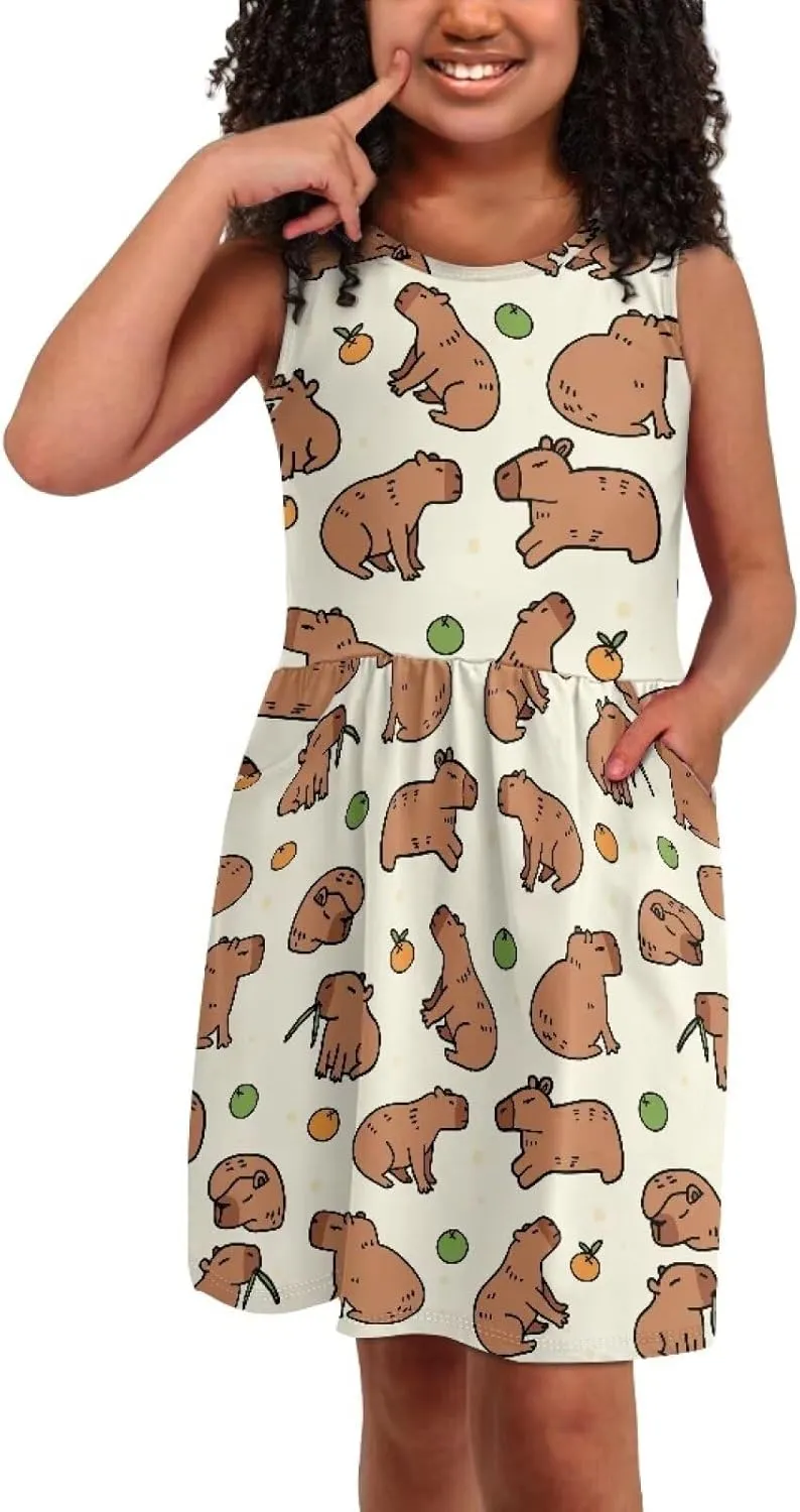 Girls Cute Summer Dresses 2-14Y Kids Mini Party Sun Dress Twirly Skater Dress Sleeveless Dress with Pockets