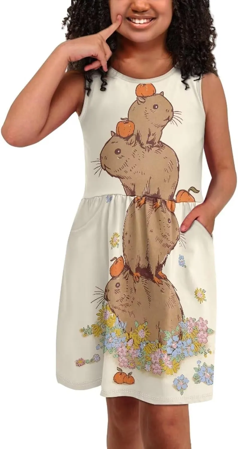 Girls Cute Summer Dresses 2-14Y Kids Mini Party Sun Dress Twirly Skater Dress Sleeveless Dress with Pockets