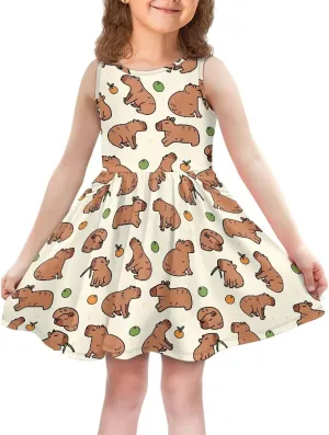 Girls Cute Summer Dresses 2-14Y Kids Mini Party Sun Dress Twirly Skater Dress Sleeveless Dress with Pockets