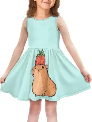Girls Cute Summer Dresses 2-14Y Kids Mini Party Sun Dress Twirly Skater Dress Sleeveless Dress with Pockets
