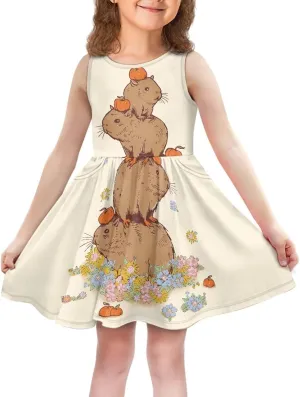 Girls Cute Summer Dresses 2-14Y Kids Mini Party Sun Dress Twirly Skater Dress Sleeveless Dress with Pockets