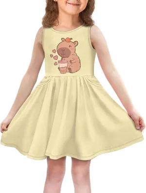 Girls Cute Summer Dresses 2-14Y Kids Mini Party Sun Dress Twirly Skater Dress Sleeveless Dress with Pockets
