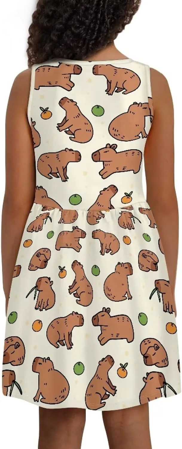 Girls Cute Summer Dresses 2-14Y Kids Mini Party Sun Dress Twirly Skater Dress Sleeveless Dress with Pockets