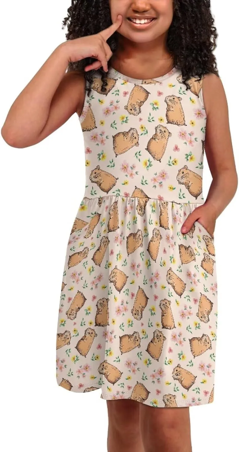 Girls Cute Summer Dresses 2-14Y Kids Mini Party Sun Dress Twirly Skater Dress Sleeveless Dress with Pockets