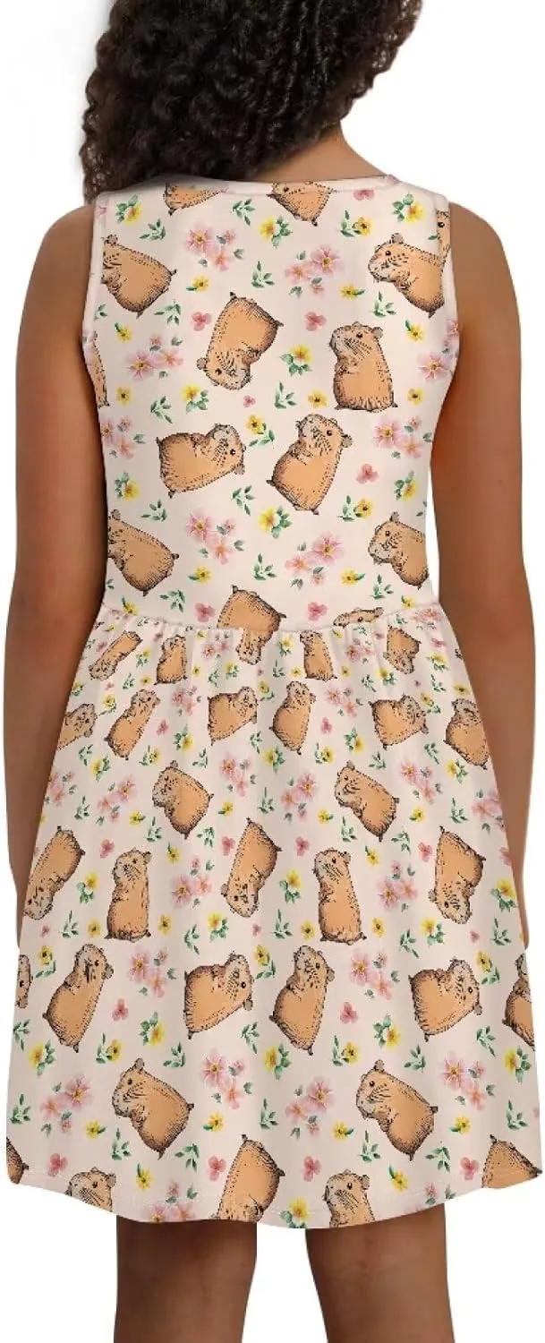 Girls Cute Summer Dresses 2-14Y Kids Mini Party Sun Dress Twirly Skater Dress Sleeveless Dress with Pockets