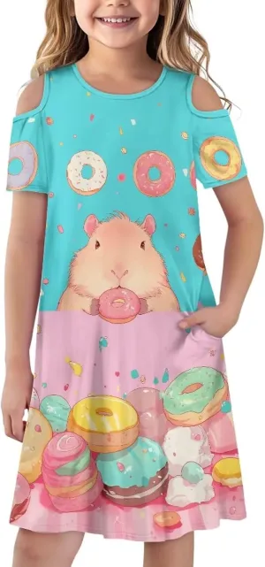 Girls Summer Cold Shoulder Dresses 3-14Years Kids Casual Short Sleeve Mini School Party Dress with Pockets
