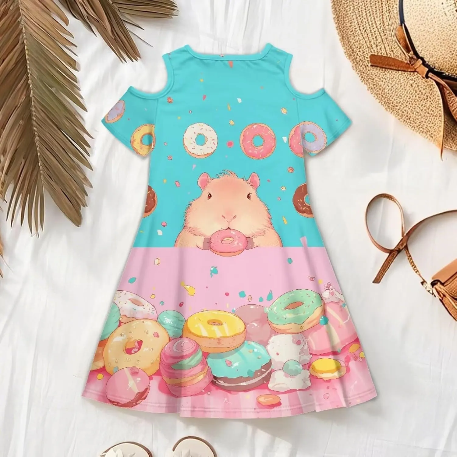 Girls Summer Cold Shoulder Dresses 3-14Years Kids Casual Short Sleeve Mini School Party Dress with Pockets