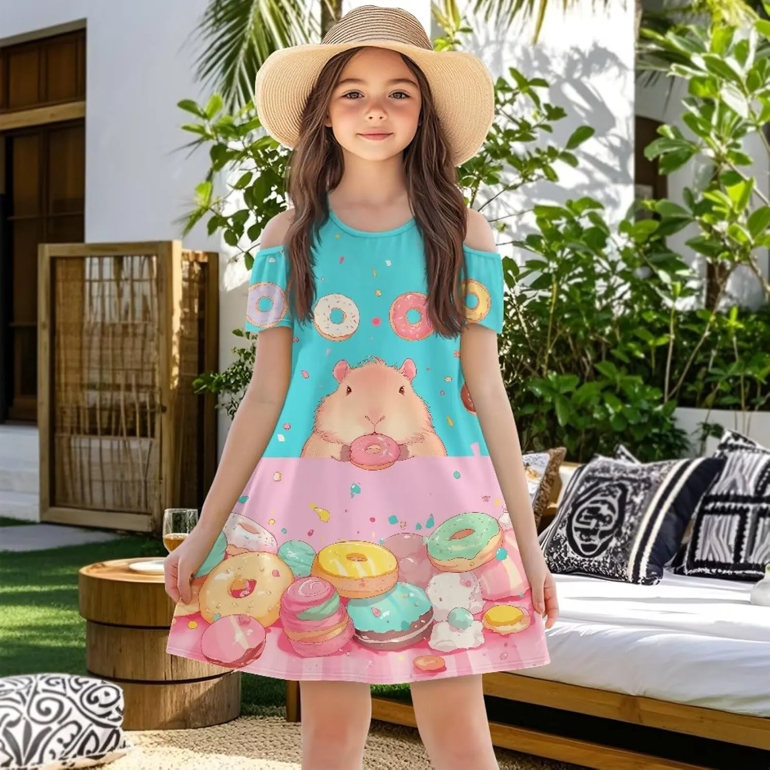 Girls Summer Cold Shoulder Dresses 3-14Years Kids Casual Short Sleeve Mini School Party Dress with Pockets