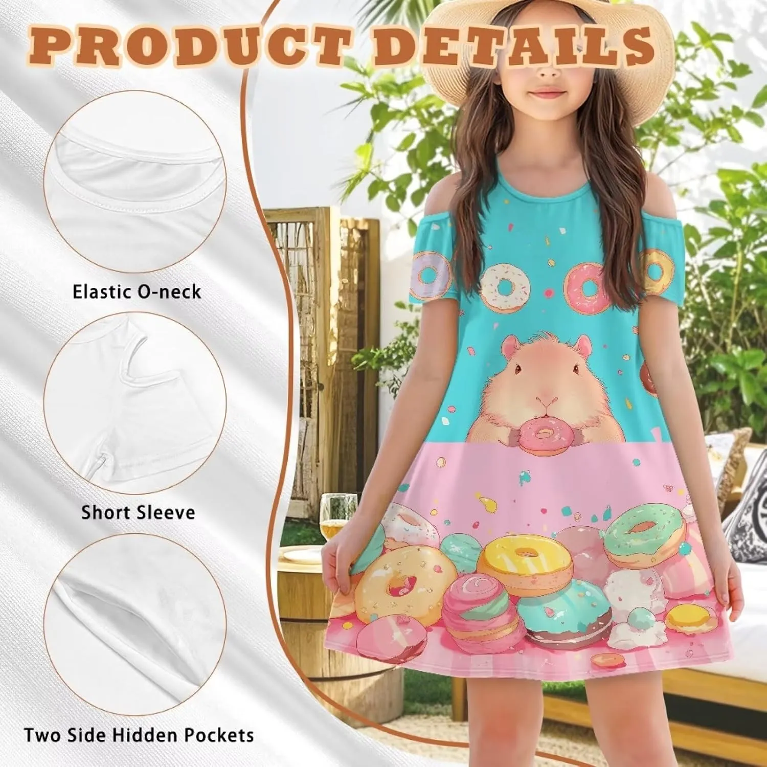Girls Summer Cold Shoulder Dresses 3-14Years Kids Casual Short Sleeve Mini School Party Dress with Pockets