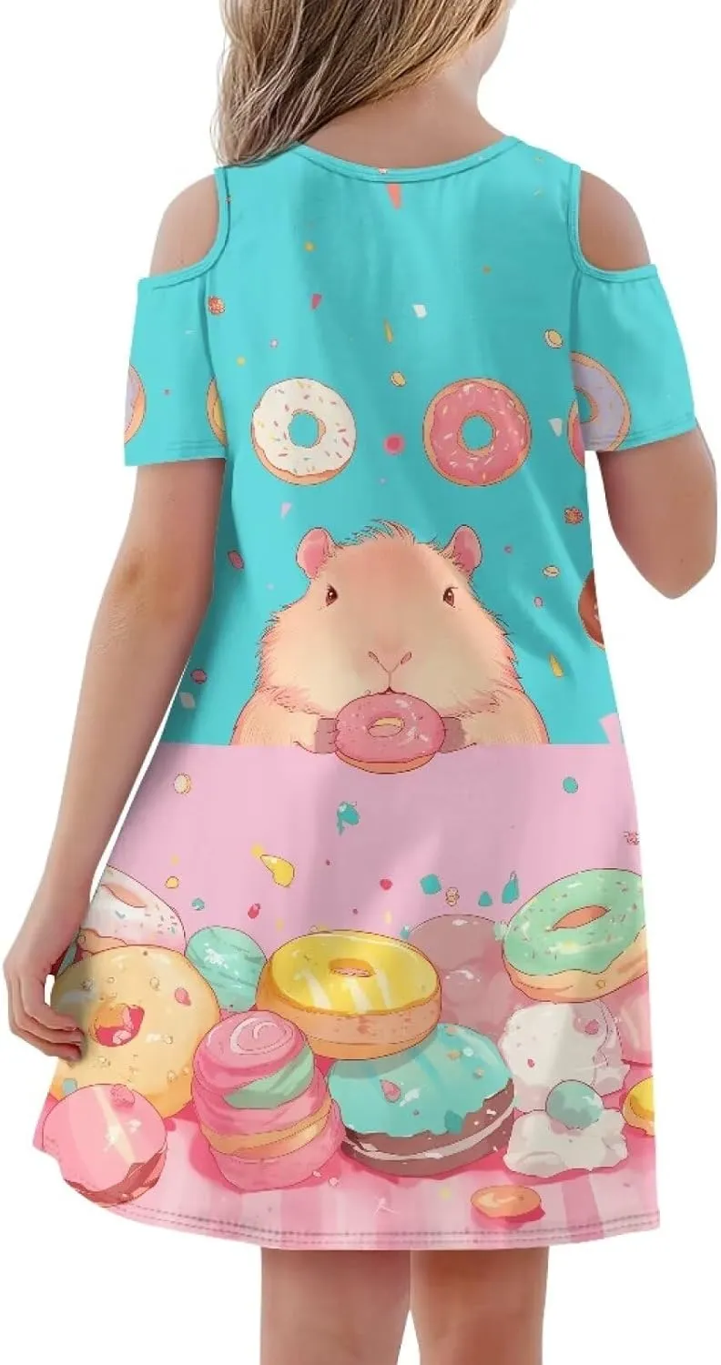 Girls Summer Cold Shoulder Dresses 3-14Years Kids Casual Short Sleeve Mini School Party Dress with Pockets