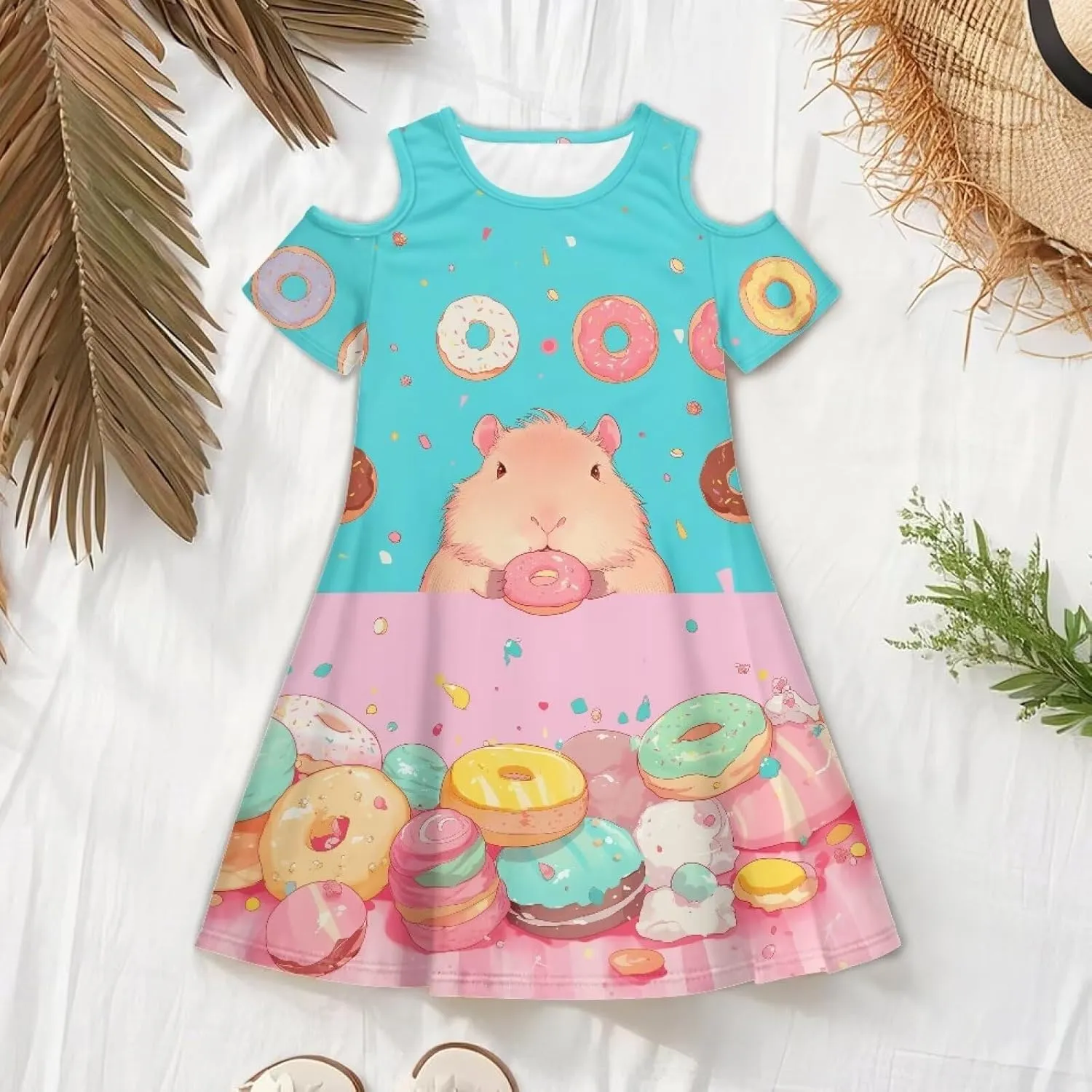 Girls Summer Cold Shoulder Dresses 3-14Years Kids Casual Short Sleeve Mini School Party Dress with Pockets