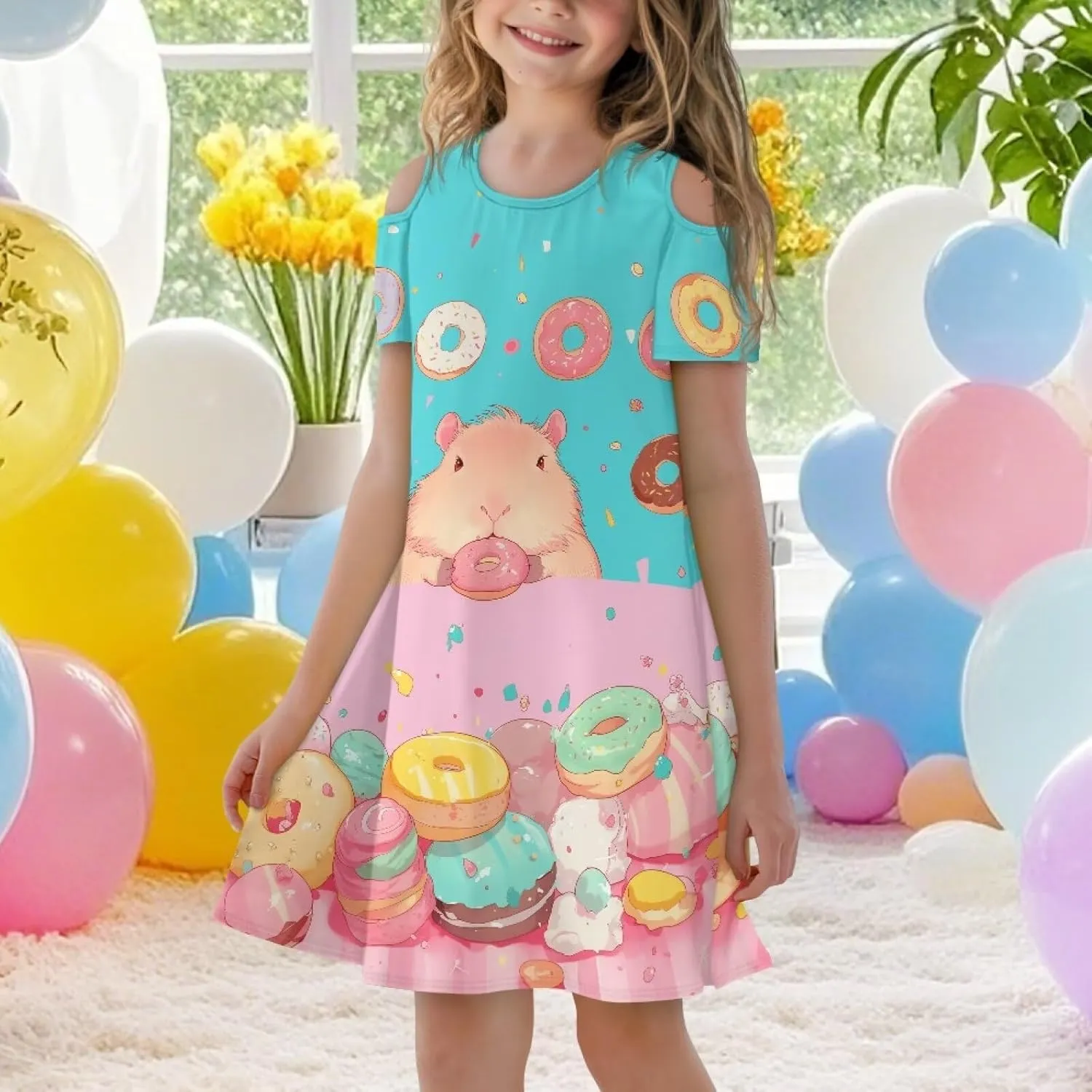Girls Summer Cold Shoulder Dresses 3-14Years Kids Casual Short Sleeve Mini School Party Dress with Pockets