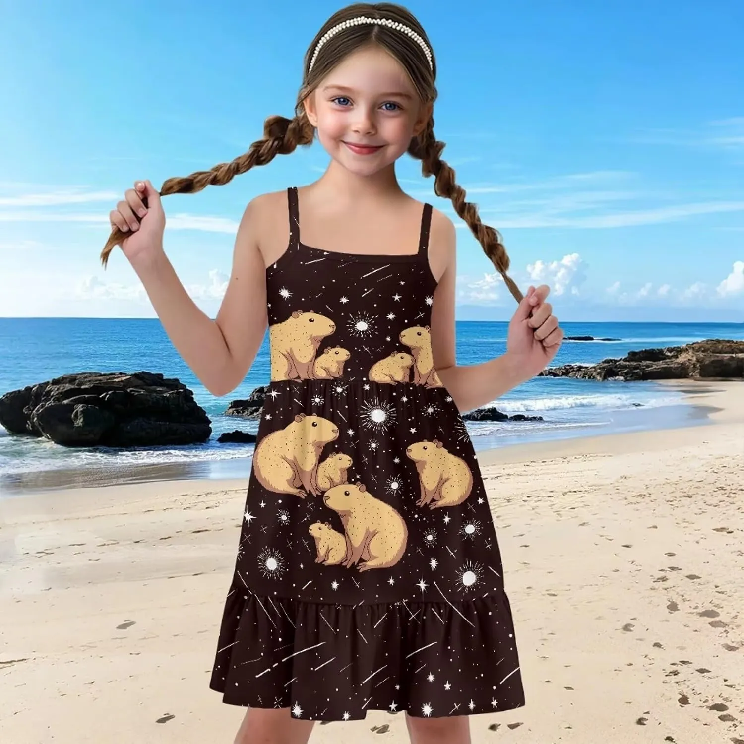 Girls Summer Dress 3-14 Y Kids Casual Spaghetti Strap Tiered Midi Dresses Cute Twirly Skater Party Sundress