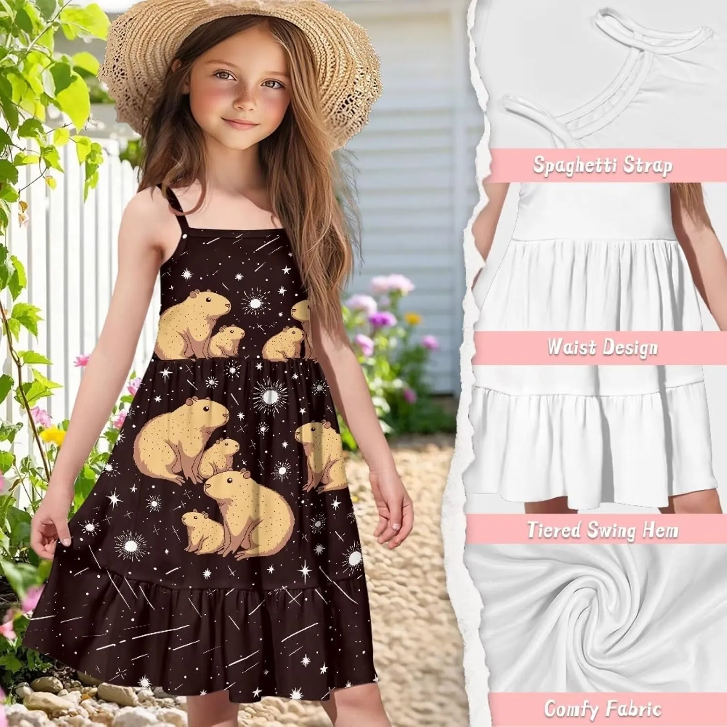 Girls Summer Dress 3-14 Y Kids Casual Spaghetti Strap Tiered Midi Dresses Cute Twirly Skater Party Sundress