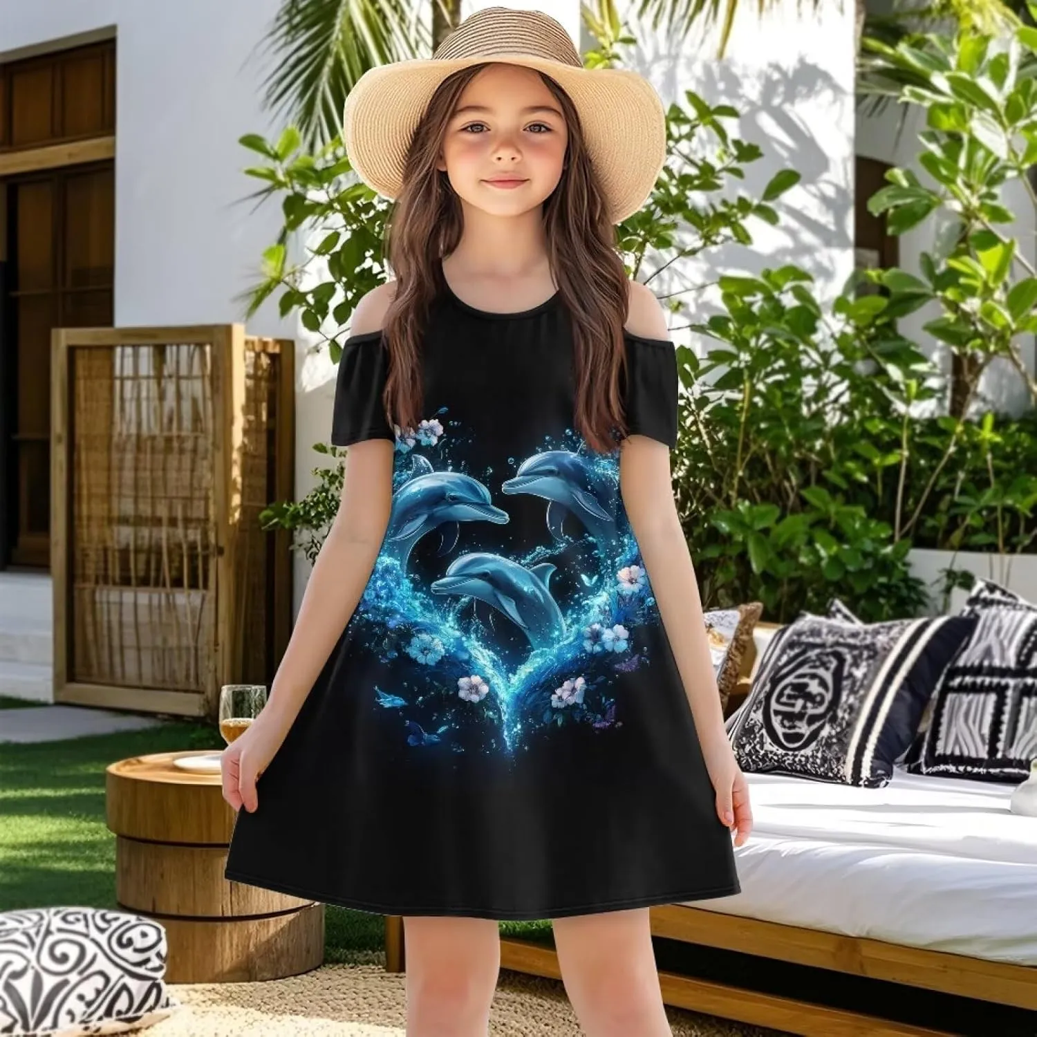 Girls Summer Dresses 3-14Y Kids Cold Shoulder Dress Short Sleeve Mini Under The Sea Sundress with Pockets