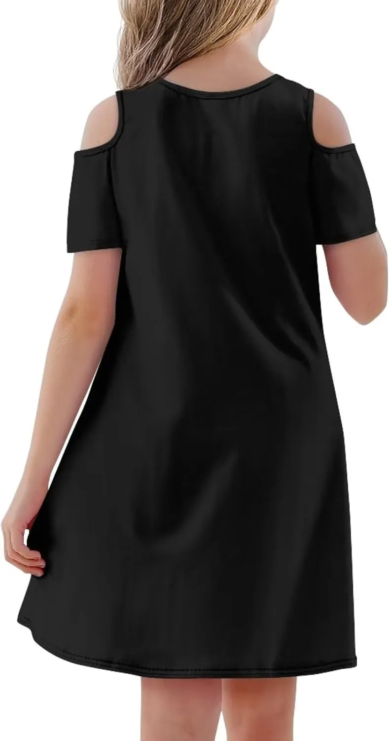 Girls Summer Dresses 3-14Y Kids Cold Shoulder Dress Short Sleeve Mini Under The Sea Sundress with Pockets