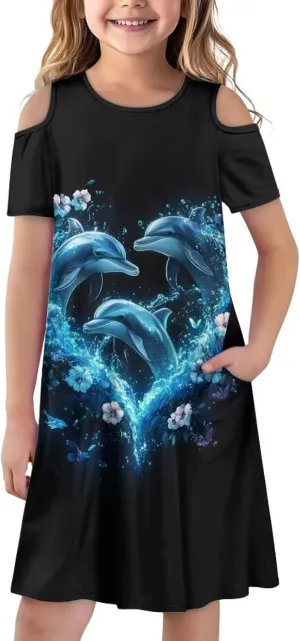 Girls Summer Dresses 3-14Y Kids Cold Shoulder Dress Short Sleeve Mini Under The Sea Sundress with Pockets