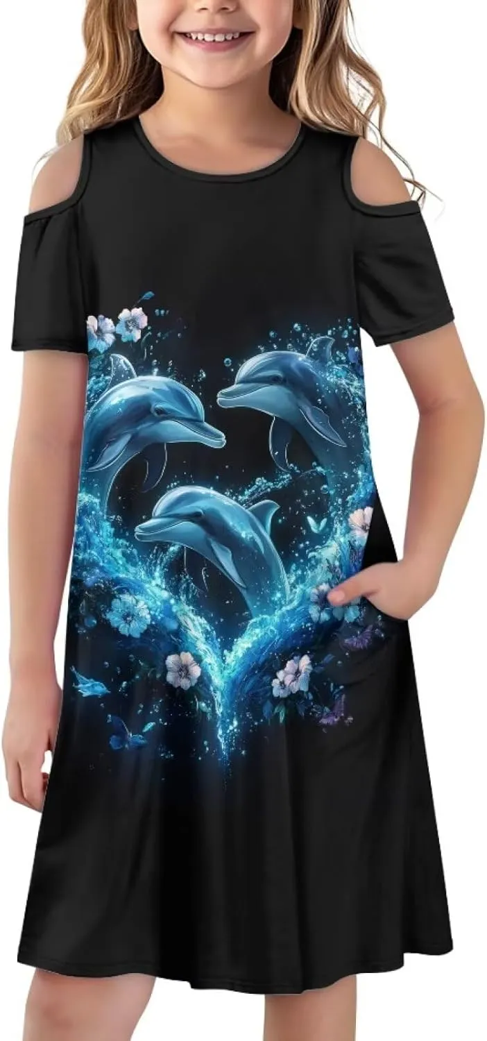 Girls Summer Dresses 3-14Y Kids Cold Shoulder Dress Short Sleeve Mini Under The Sea Sundress with Pockets