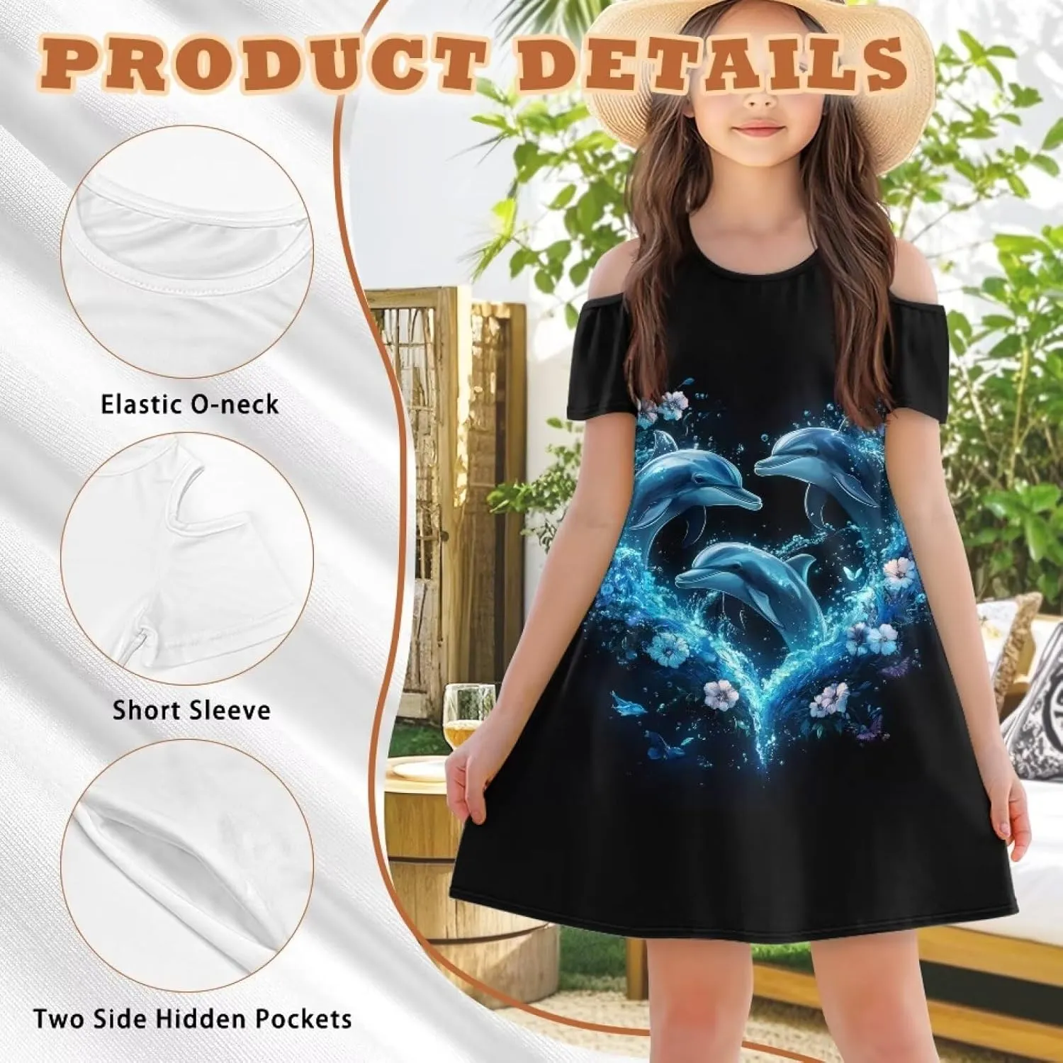 Girls Summer Dresses 3-14Y Kids Cold Shoulder Dress Short Sleeve Mini Under The Sea Sundress with Pockets