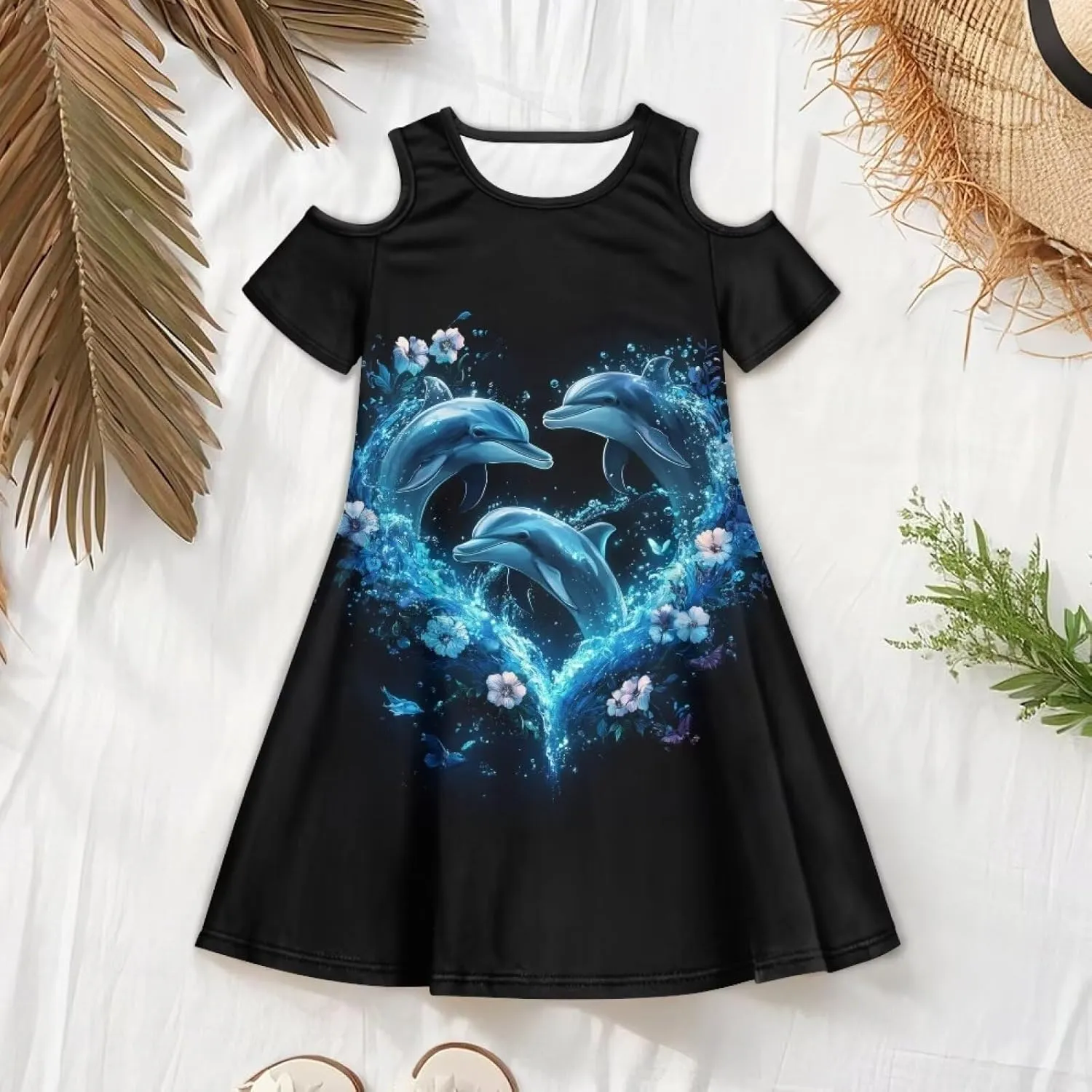 Girls Summer Dresses 3-14Y Kids Cold Shoulder Dress Short Sleeve Mini Under The Sea Sundress with Pockets