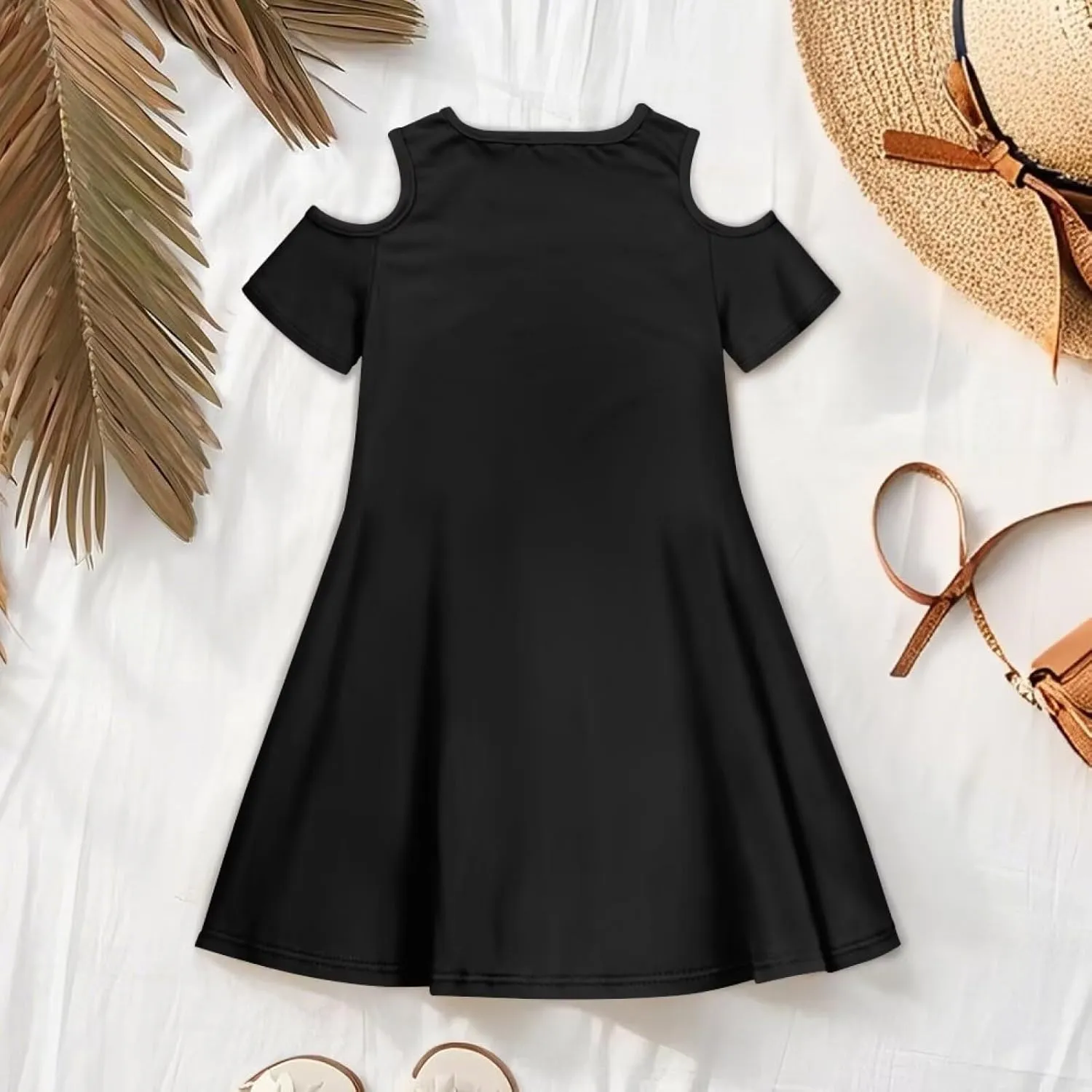 Girls Summer Dresses 3-14Y Kids Cold Shoulder Dress Short Sleeve Mini Under The Sea Sundress with Pockets