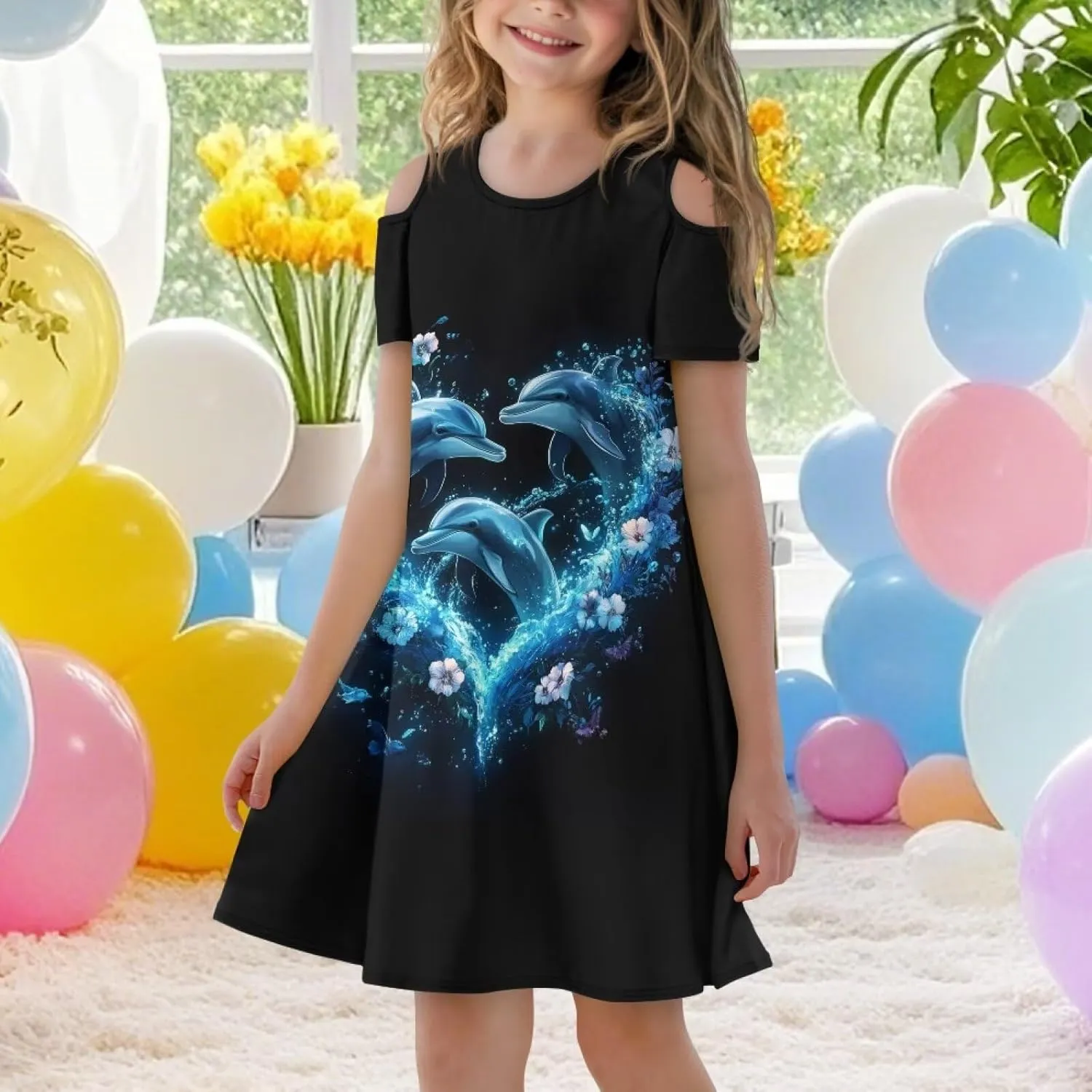 Girls Summer Dresses 3-14Y Kids Cold Shoulder Dress Short Sleeve Mini Under The Sea Sundress with Pockets