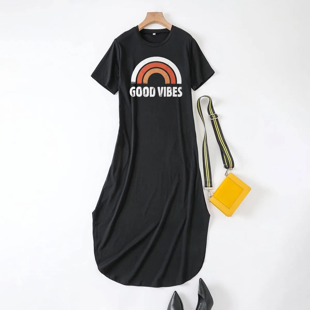 Good Vibes Rainbow Graphic Dress Womens Sleeveless Pocket Maxi Dress Hawaiian Beach Beach Tank Dress