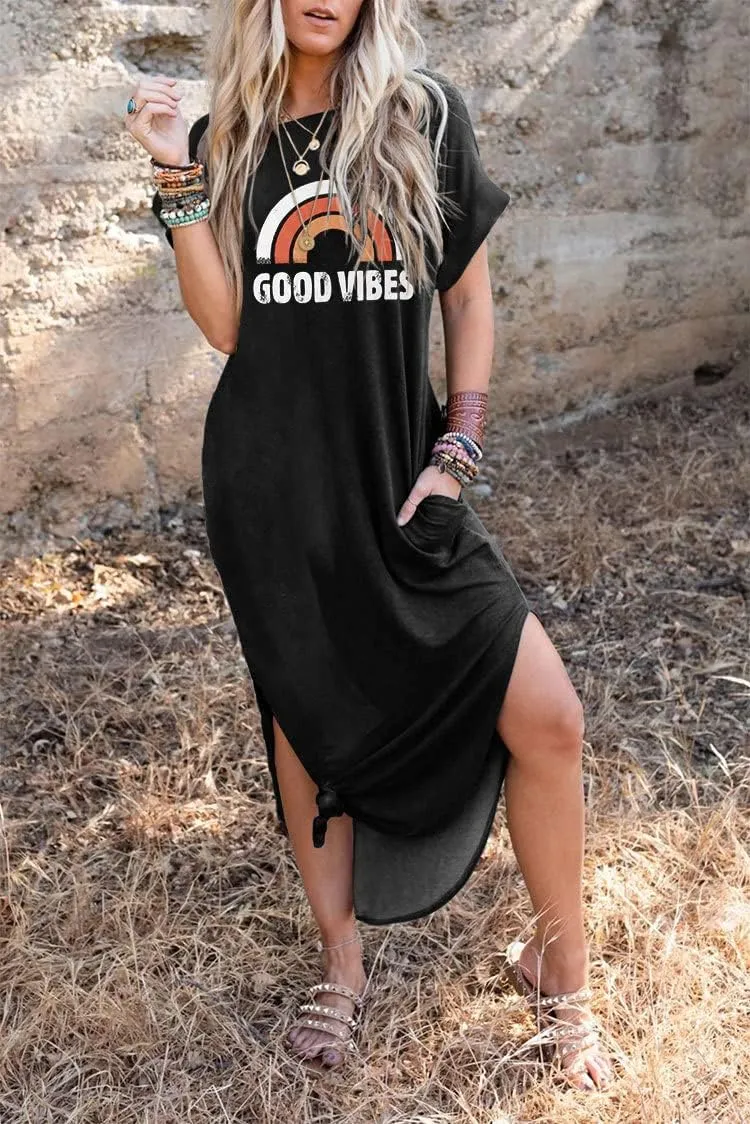 Good Vibes Rainbow Graphic Dress Womens Sleeveless Pocket Maxi Dress Hawaiian Beach Beach Tank Dress