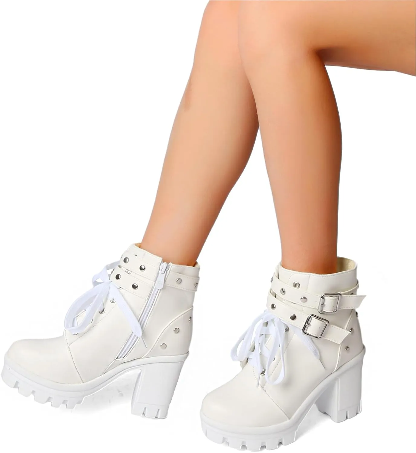 Goth Boots Chunky Heel Boot For Women Ankle Combat Booties Black Platform Bootie Buckle Rivets Punk Goth Shoes With Zipper