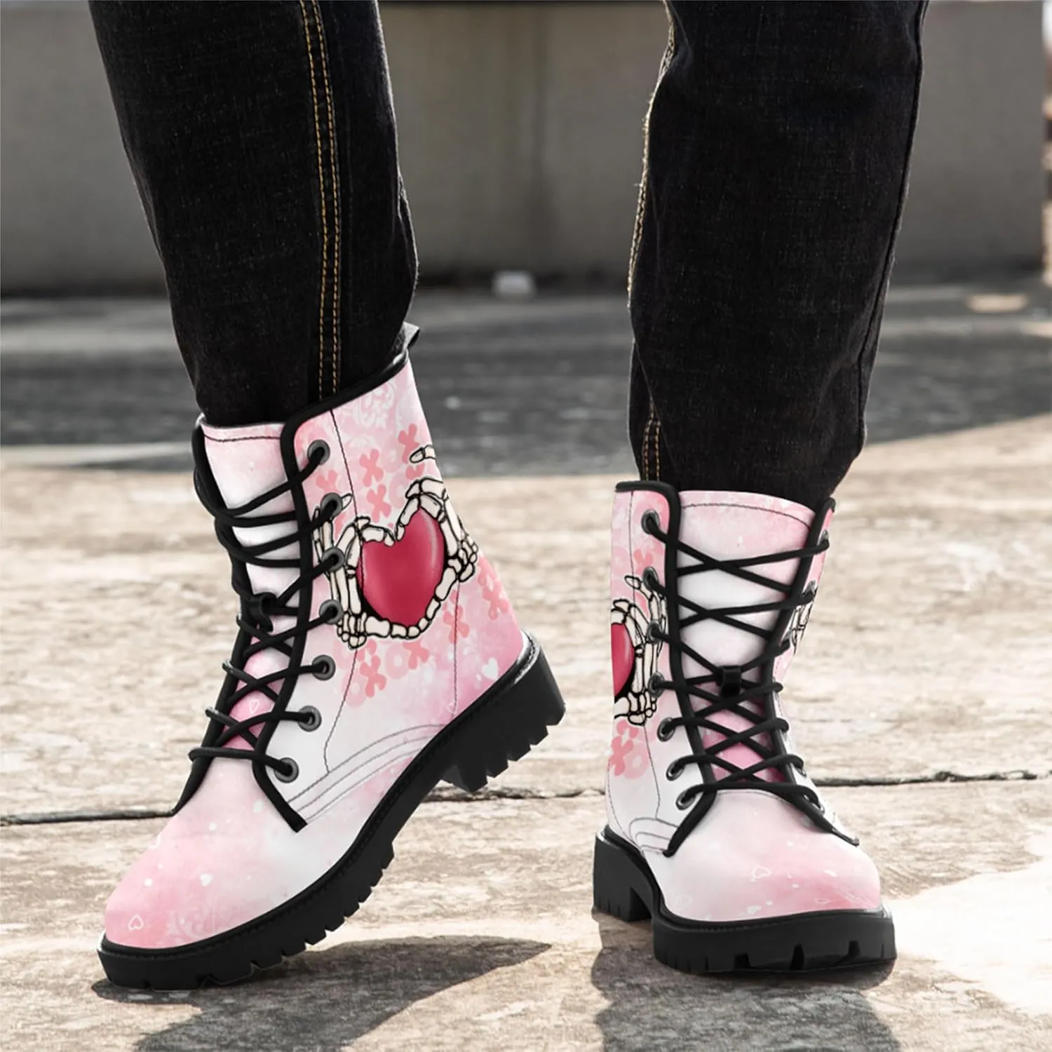 Gothic Heart & Rose Combat Boots – Vintage Lace-Up Leather Ankle Boots for Women, Stylish Anti-Slip Casual Footwear