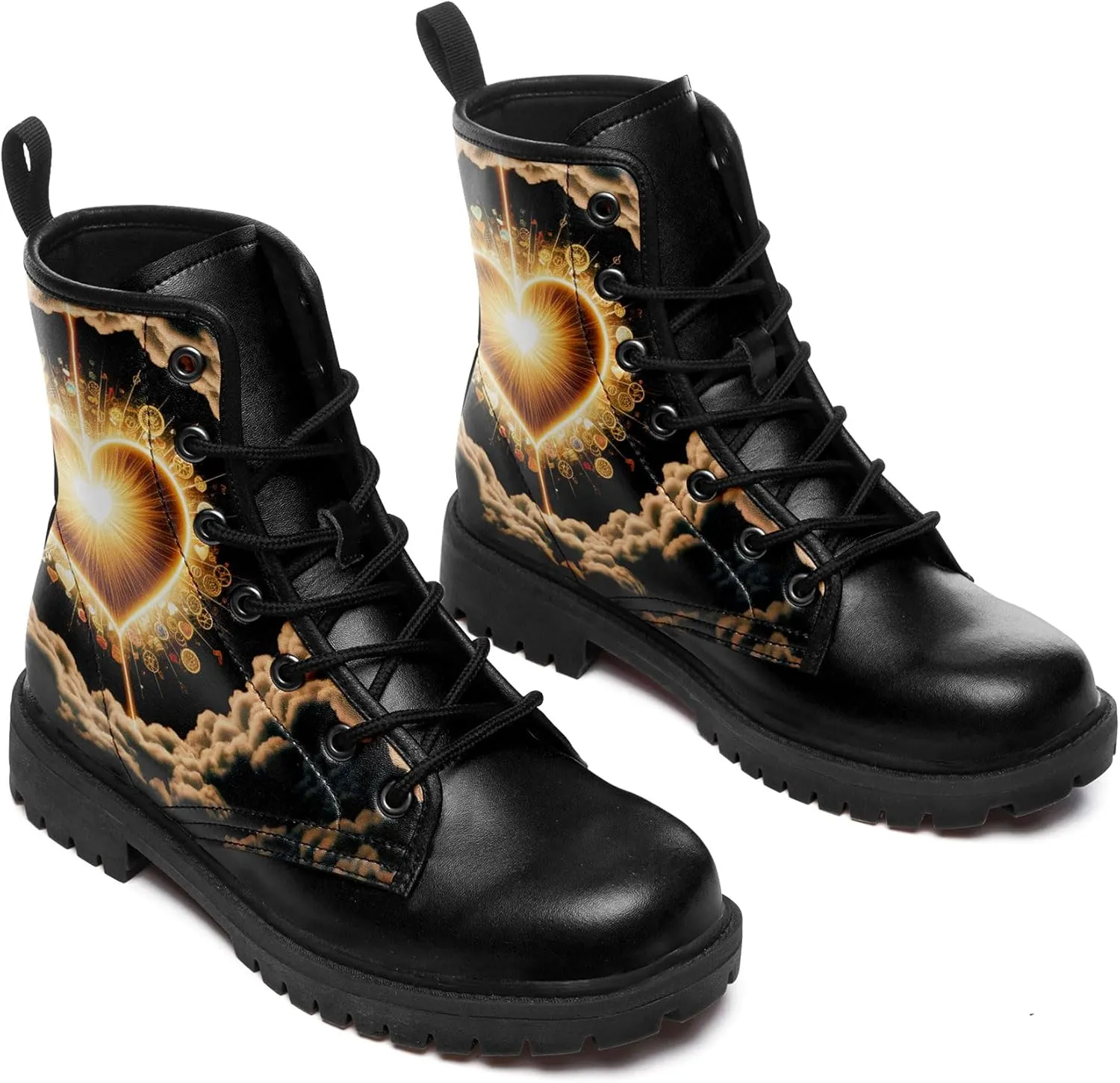 Gothic Heart & Rose Combat Boots – Vintage Lace-Up Leather Ankle Boots for Women, Stylish Anti-Slip Casual Footwear