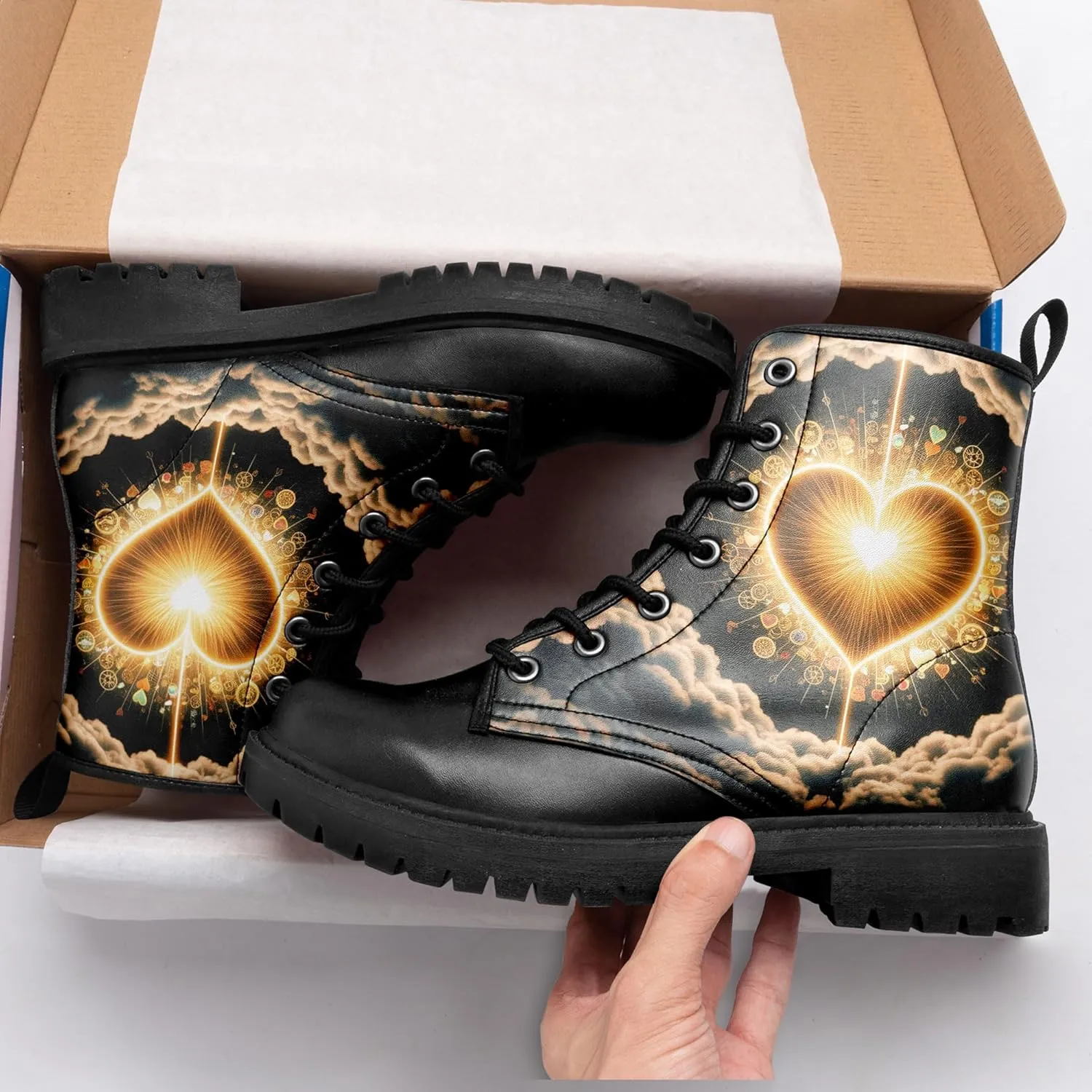 Gothic Heart & Rose Combat Boots – Vintage Lace-Up Leather Ankle Boots for Women, Stylish Anti-Slip Casual Footwear